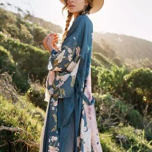 Blue Floral Bohemian Peacock Kimono Duster Robe